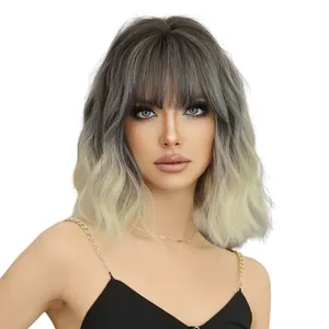 Short wavy ash blonde ombre wig with bangs for women shown on model in studio