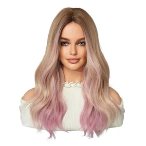 Long wavy ombre pink wig for women featuring a middle part and realistic brown gradient