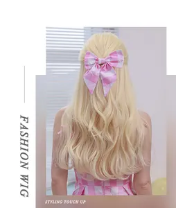 Rear view of long wavy blonde fashion wig with pink plaid bow and soft styling