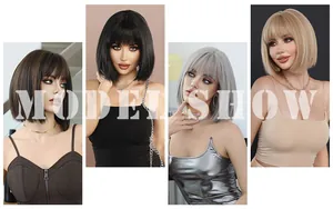 Four-panel model display of short straight Bob wigs with bangs in four different hair colors