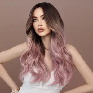 Perruque longue ondulée rose dégradé pour femme avec raie au milieu et boucles douces