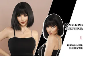 Detail view of black short bob wig with straight bangs and natural hair texture