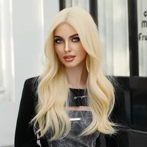 Long wavy platinum blonde lace front wig with natural hairline and realistic scalp