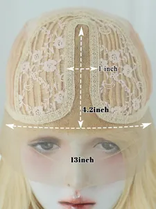 Detail showing the 13x1 inch lace front structure and part area of the blonde wig