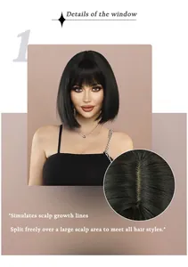 Detail showing the realistic scalp and free parting area of the black straight bob wig