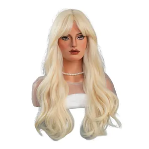 Platinum blonde long wavy wig with French bangs shown on a model for cosplay style