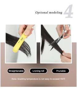 Detail showing the heat-resistant black bob wig being straightened and trimmed easily