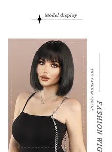 Model wearing a short black bob wig with bangs showing natural shine and smooth texture