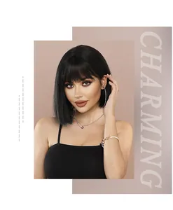Detailed texture of black bob wig with bangs showing natural hair shine and sleek cut