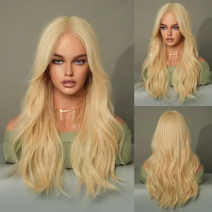 Three-way view of long platinum blonde wavy lace wig with center part styling