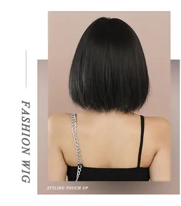 Rear view of sleek black short bob wig with straight cut ends and natural shine
