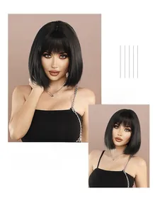 Detailed view of women's black Bob wig with flat bangs and natural shine finish