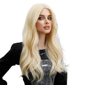 Long blonde wavy middle part lace wig with natural synthetic hair for women