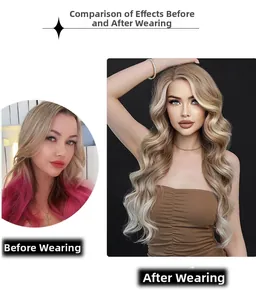 Comparaison avant et après d'une perruque blonde ondulée en dentelle sur un mannequin