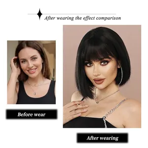 Short black bob wig with bangs showing natural before and after wearing transformation