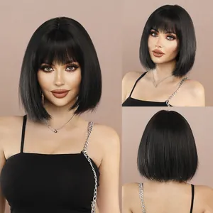 Perruque Carré Noir Lisse Court Avec Frange Fibre Synthétique Résistante À La Chaleur Quotidien Fête Mode Perruques Pour Femmes