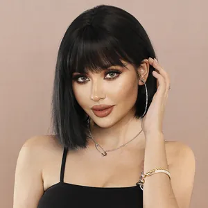 Classic black short Bob wig with neat bangs on female model against neutral background