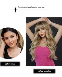 Before and after comparison of long wavy blonde synthetic wig with bangs for volume