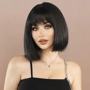 Short black bob wig with bangs for women, synthetic straight hair fashion hairpiece