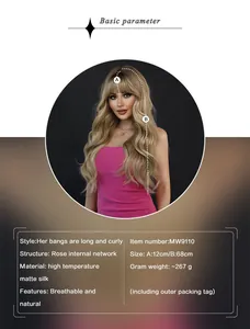 Detail view of ombre blonde wavy wig features rose internal net and heat-resistant fiber