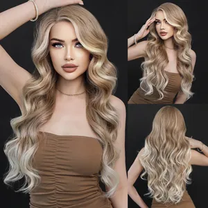 Women Long Wavy Synthetic T-Part Lace Front Wig Heat Resistant Natural Look Ombre Gradient Fashion Daily Hairpiece