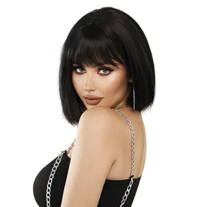Classic black straight short bob wig with flat bangs on a model against white background