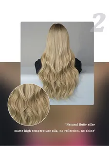 Détail macro de la perruque longue ondulée ombré blond mat avec texture de cheveux soyeuse