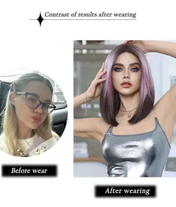 Σύγκριση πριν και μετά της περούκας Bob Lace Front με ροζ-μωβ ντεγκραντέ χρώμα