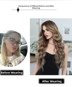 Vergleich der langen welligen bronzeblonden Perücke vor und nach dem Styling am Modell