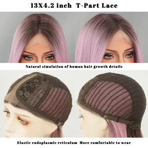 Λεπτομέρεια περούκας T-part lace με ροζ ombre πλέγμα 13x4,2 ιντσών και ελαστικό καπάκι