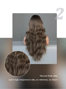 Vue détaillée de la perruque longue ondulée marron châtain avec texture mate et brillance