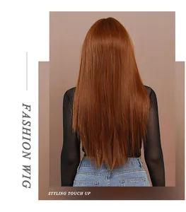 Vue arrière d'une perruque synthétique rousse longue et lisse avec une coupe en V naturelle