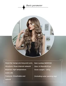 Détails de la perruque blonde longue ondulée montrant le filet rose et les dimensions