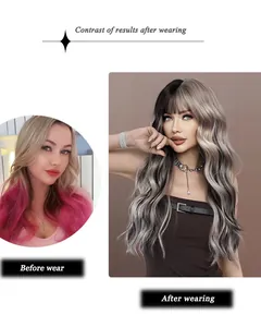 Before and after comparison of a long wavy half black and half silver synthetic wig with bangs