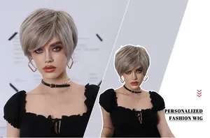 Detailed view of champagne gold short wig with stylish bangs and natural dark roots