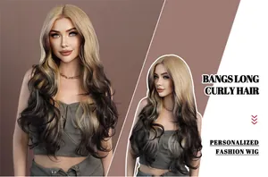 Front and back detail of long wavy ombre blonde synthetic wig with lace front texture