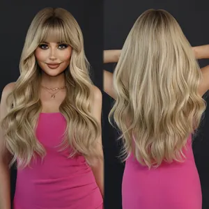 Long Wavy Ombre Blonde Synthetic Hair Wigs With Straight Bangs For Women Natural Looking High Temperature Fiber Heat Resistant Wig