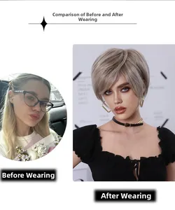 Short blonde wig before and after comparison showing natural volume and layered styling