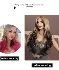 Before and after comparison of a 24-inch blonde gradient wavy lace synthetic wig