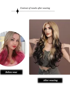 Before and after comparison showing natural volume of wavy ombre blonde lace front wig