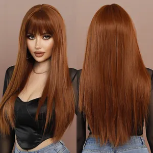 Perruque de Cheveux Synthétiques Longs Lisses avec Frange Fibre Haute Température Résistante à la Chaleur Ombré Gingembre pour Femmes
