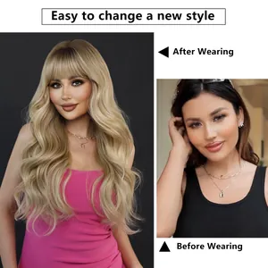 Long ombre blonde wavy wig with bangs showing dramatic before and after transformation