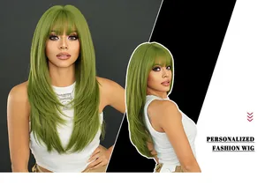 Close-up of olive green long straight layered wig with bangs for festive party wear