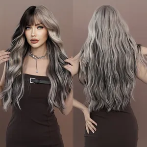 Long Wavy Synthetic Wig With Bangs Highlights Gradient Color Natural Heat Resistant Fiber Hair For Women Fashion Style