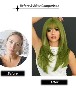Before and after view of a long green straight wig with bangs for Saint Patrick's Day