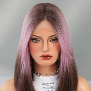Λεπτομέρεια ροζ ντεγκραντέ περούκας lace front με φυσική γραμμή μαλλιών και απαλή υφή