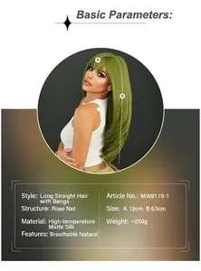 Detail view of the rose net inner cap structure of long green straight synthetic wig