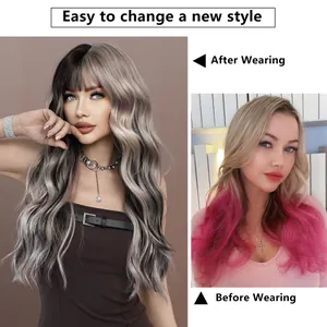 Long wavy ash synthetic wig with bangs showing a before and after style transformation