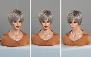 Short silver-grey pixie cut wig shown from front and side views on a mannequin head