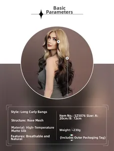 Detail view of wavy ombre long wig with rose net cap and premium synthetic fiber specs